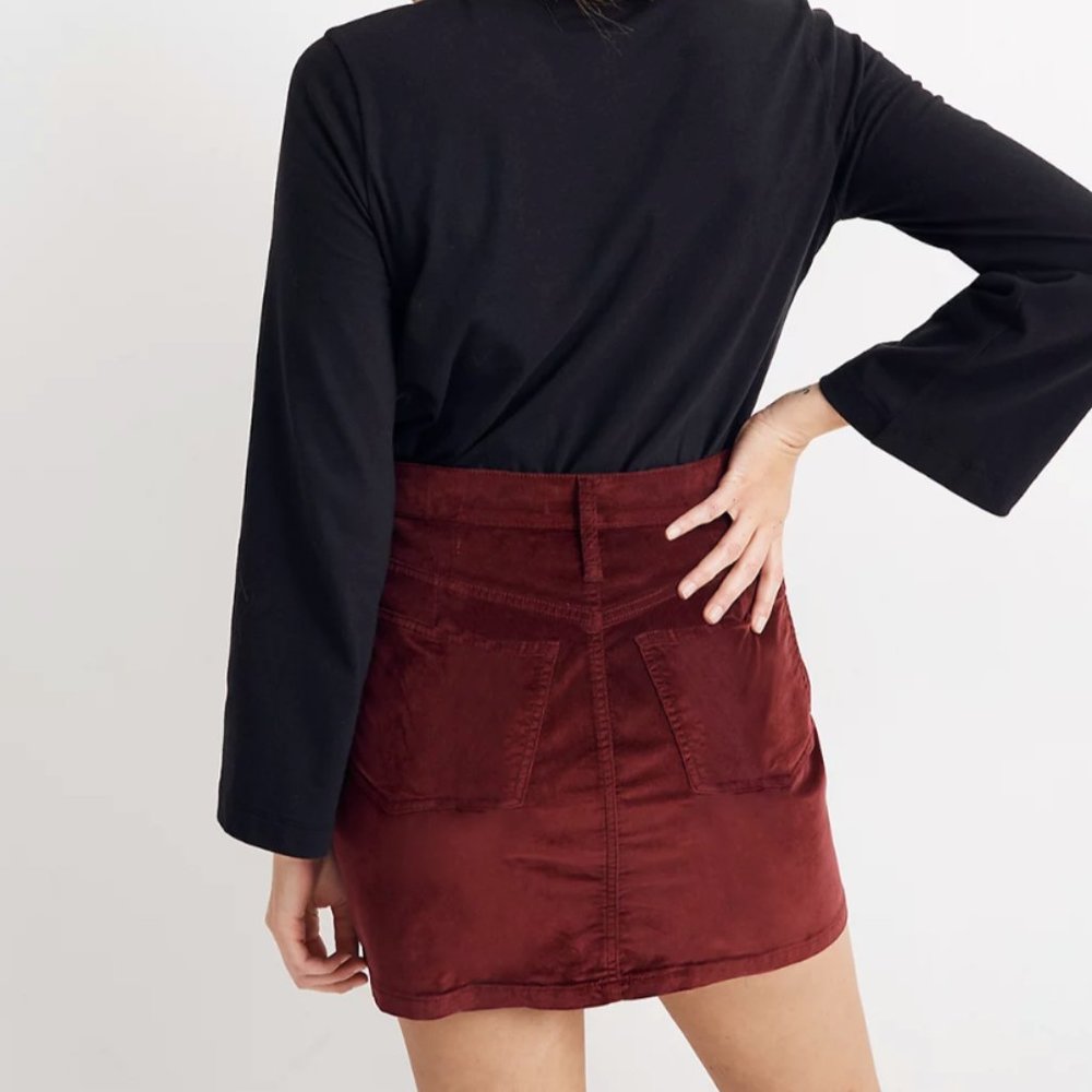 Madewell Stretch Velveteen Straight Zip Mini Skirt - Dark Cabernet - NWT - 27 - Picture 3 of 8